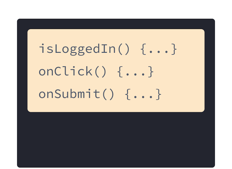 Tiga fungsi  JavaScript dengan latar belakang kuning: onSubmit, onLogin, and onClick.